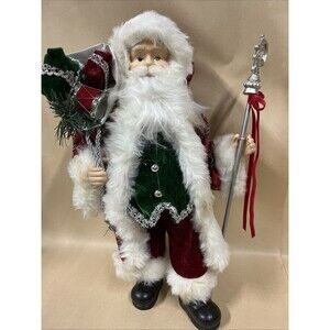 Merry Brite Santa Claus‎ Tartan Plaid Coat Gift Bag Silver Staff 18" Read